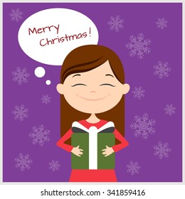 Vector Christmas greeting card or poster with little girl holding present