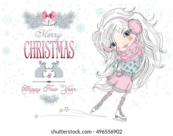 Vector Christmas greeting card with pretty little girl. Child with beautiful white hair is skating on winter background. Best design for children presents.