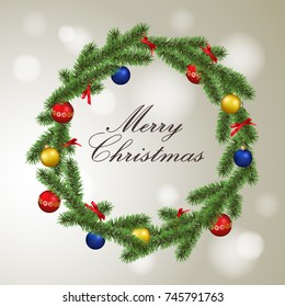 Vector christmas greeting card with realistic beautiful christmas wreath frame decorated with colorful baubles and ribbons 