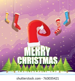 vector Christmas greeting card with red santa hat, christmas trees , snow, night starry sky, winter snowy landscape and greeting text . vector merry christmas background or banner design template