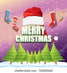 vector Christmas greeting card with red santa hat, christmas trees , snow, night starry sky, winter snowy landscape and greeting text . vector merry christmas background or banner design template