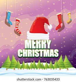 vector Christmas greeting card with red santa hat, christmas trees , snow, night starry sky, winter snowy landscape and greeting text . vector merry christmas background or banner design template