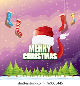 vector Christmas greeting card with red santa hat, christmas trees , snow, night starry sky, winter snowy landscape and greeting text . vector merry christmas background or banner design template