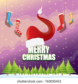 vector Christmas greeting card with red santa hat, christmas trees , snow, night starry sky, winter snowy landscape and greeting text . vector merry christmas background or banner design template