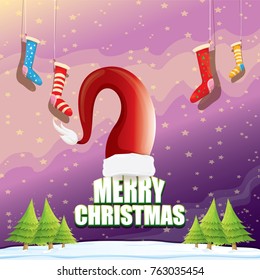 vector Christmas greeting card with red santa hat, christmas trees , snow, night starry sky, winter snowy landscape and greeting text . vector merry christmas background or banner design template