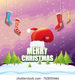 vector Christmas greeting card with red santa hat, christmas trees , snow, night starry sky, winter snowy landscape and greeting text . vector merry christmas background or banner design template