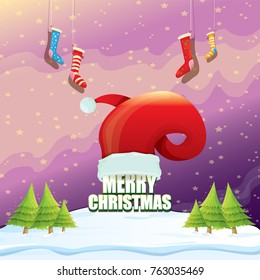 vector Christmas greeting card with red santa hat, christmas trees , snow, night starry sky, winter snowy landscape and greeting text . vector merry christmas background or banner design template