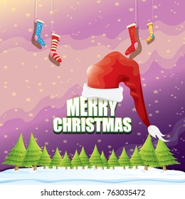 vector Christmas greeting card with red santa hat, christmas trees , snow, night starry sky, winter snowy landscape and greeting text . vector merry christmas background or banner design template