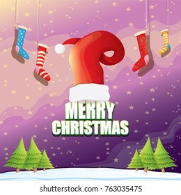 vector Christmas greeting card with red santa hat, christmas trees , snow, night starry sky, winter snowy landscape and greeting text . vector merry christmas background or banner design template