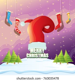 vector Christmas greeting card with red santa hat, christmas trees , snow, night starry sky, winter snowy landscape and greeting text . vector merry christmas background or banner design template