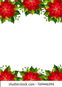 Vector Christmas greeting card with red poinsettia flowers, holly and mistletoe.