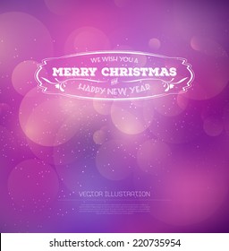 Tarjeta de felicitación de la Navidad del Vector - etiqueta retro sobre un fondo fotográfico desenfocado desenfocado brillante y colorido