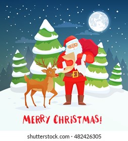 Vector Christmas greeting card Santa Claus deer in the background trees and the night sky with the moon