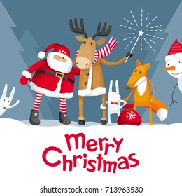 Vector Christmas greeting card. Santa Claus and cute forest animals: elk, deer, fox and hares wish you a Merry Christmas. For posters, banners, sales and other winter events.