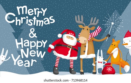 Vector Christmas greeting card. Santa Claus and cute forest animals: elk, deer, fox and hares wish you a Merry Christmas. For posters, banners, sales and other winter events.