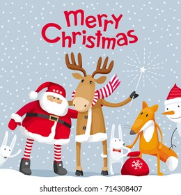 Vector Christmas greeting card. Santa Claus and cute cartoon forest animals: elk, deer, fox and hares wish you a Merry Christmas. For posters, banners, sales and other winter events.