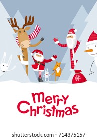 Vector Christmas greeting card. Santa Claus and cute cartoon forest animals: elk, deer, fox and hares wish you a Merry Christmas. For posters, banners, sales and other winter events.