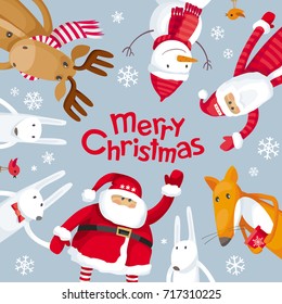 Vector Christmas greeting card. Santa Claus and funny cartoon forest animals: elk, deer, fox and hares wish you a Merry Christmas. For posters, banners, sales and other winter events.