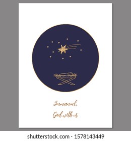 Vector Christmas Greeting Card With Simple Child Like Drawing Of Newborn Jesus In Manger, Stars  On Dark Blue Background And Words Immanuel, God With Us.