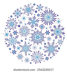 Vector Christmas greeting card with snow ball from gradient snowflakes and stars on a transparent background