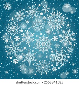 Vector Christmas greeting card with  snow ball from white snowflakes and stars  and bokeh on a green gradient background