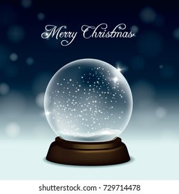 Vector Christmas Greeting Card With Snow Globe On Snow And Night Sky Background