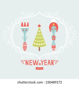 Vector christmas greeting card with spoon, plug, tree and decorative elements