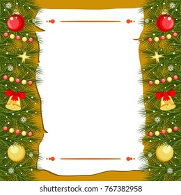 Vector christmas greeting card with spruce and decorations on orange background.