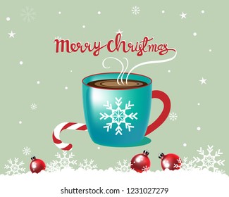 Vector Christmas greeting card template designs with coffee cup with hand drawn lettering over, red Christmas balls, snowflake and candy cane on green background for greeting card or banner 