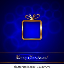 Vector Christmas Greeting Card Template with Golden Gift on Blue Background