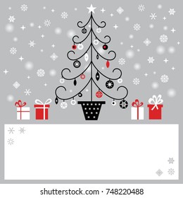 Vector christmas greeting card template. Space for text. Christmas tree with toys on background with snowflakes.