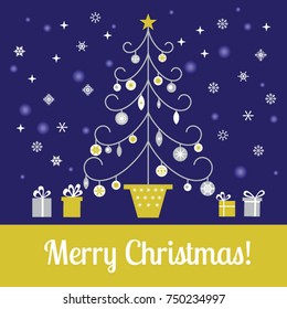 Vector christmas greeting card template. Space for text. Christmas tree with toys and gifts on background with snowflakes.