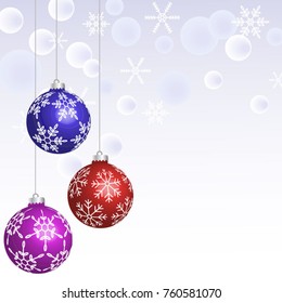 Vector christmas greeting card template with colorful decorative balls on silver background. Space for  text. 