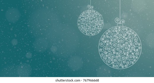 Vector Christmas greeting card template with two Christmas balls on a blue background, copy area