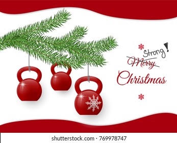 Vector Christmas greeting Card. Template with ketllebells stylized like christmas decorations and with pine branch.