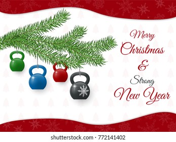 Vector Christmas greeting Card. Template with ketllebells stylized like christmas decorations and with pine branch.