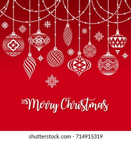 Vector Christmas Greeting Card with a texture of Typical Christmas ornaments illustration over a groovy Merry Christmas Text