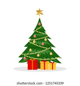 Vector Christmas greeting card with christmas tree and decorations, gift boxes. Holiday poster,card,banner. Happy new year.
