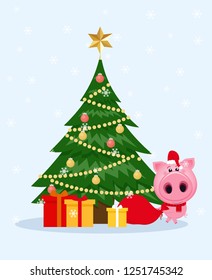 Vector Christmas greeting card with christmas tree and decorations, gift boxes and cute cartoon pig with santa bag. Holiday poster,card,banner. Happy new year