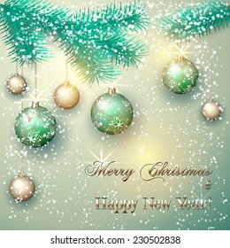 Vector christmas greeting card with tree branch and green and gold balls on snow purple background