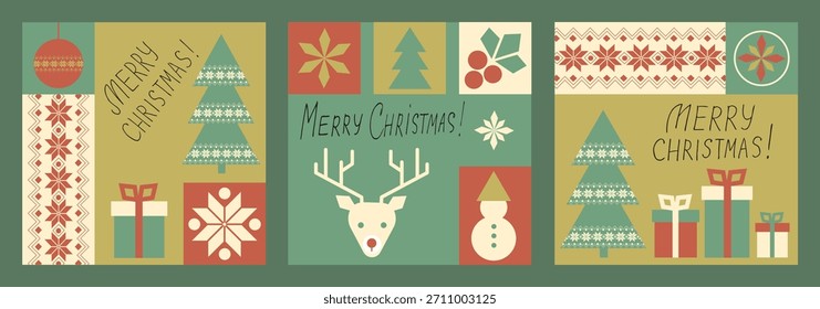 Vector Christmas greeting card with christmas tree, reindeer, holly berries, folk patterns and handwritten text