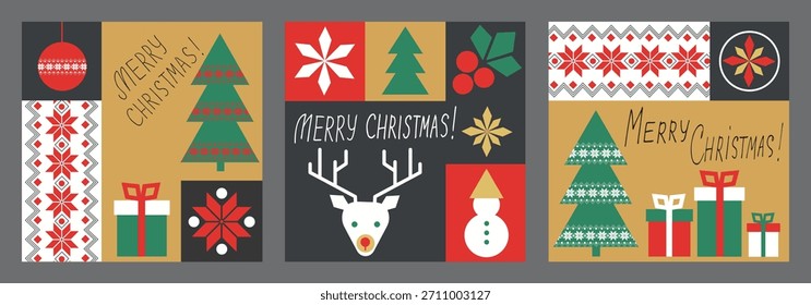Vector Christmas greeting card with christmas tree, reindeer, holly berries, folk patterns and handwritten text