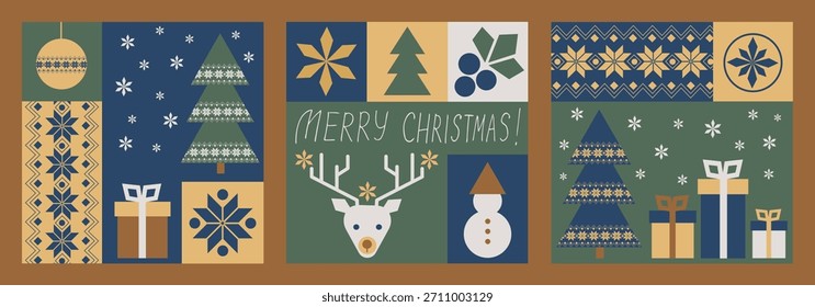 Vector Christmas greeting card with christmas tree, reindeer, holly berries, folk patterns and handwritten text