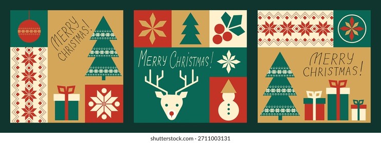 Vector Christmas greeting card with christmas tree, reindeer, holly berries, folk patterns and handwritten text