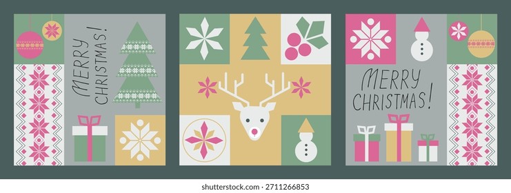 Vector Christmas greeting card with christmas tree, christmas decorations, folk patterns and handwritten lettering