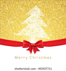 Vector christmas greeting card. Tree on Gold glitter shine backdrop texture with bow. Background for website or print.