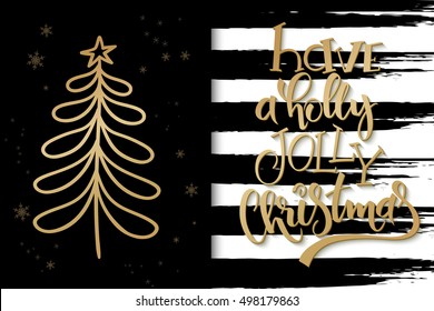 vector christmas greeting card with christmas tree and golden hand lettering text - have a holly jolly christmas on striped watercolor background.