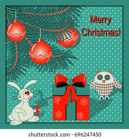 Vector Christmas Greeting Card. Christmas tree, balls, cartoon characters
