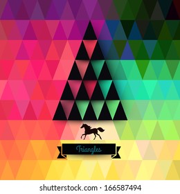 Vector Christmas greeting card. Triangles. Christmas tree. Hipster. Abstract silhouette of tree, horse, flag banner for your text. Geometry backdrop. Abstract card. Holidays template. Year of horse.