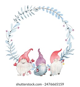 Vector Christmas greeting card. Watercolor winter card with gnome.
